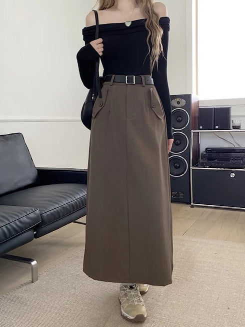 Casual Full Length Side Pocket Loose Skirts With Belt